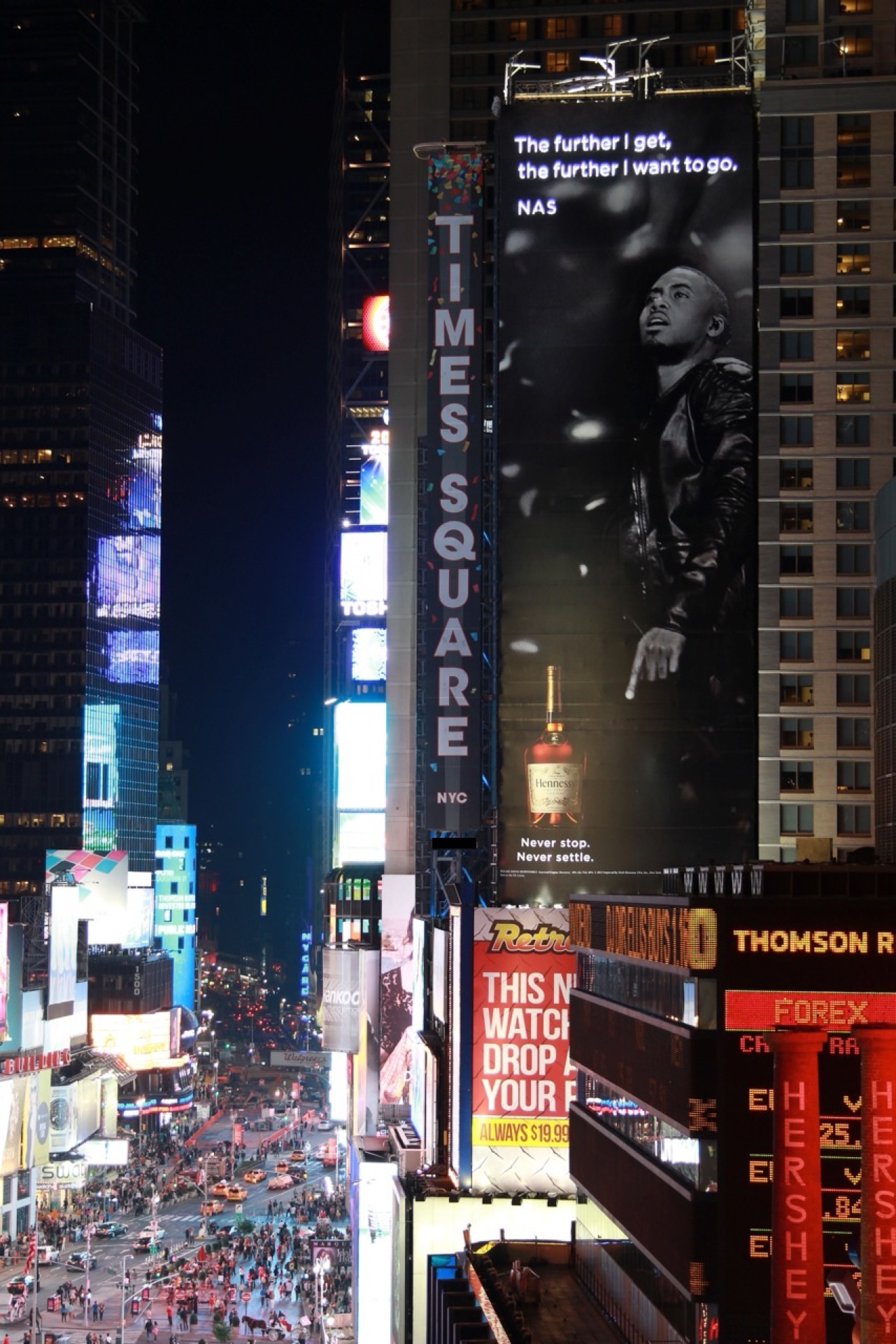 High-impact night view of Times Square billboards and crowds